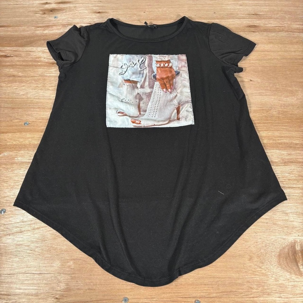 Top Fashion of NY Womens XL Black Graphic Tee High Low Hem Short Sleeve Shirt